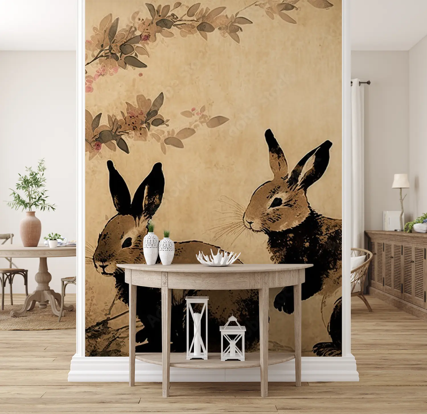 A Tail of Two Bunnies: Brown and Black Inked Rabbit Wall Painting - Roomeo