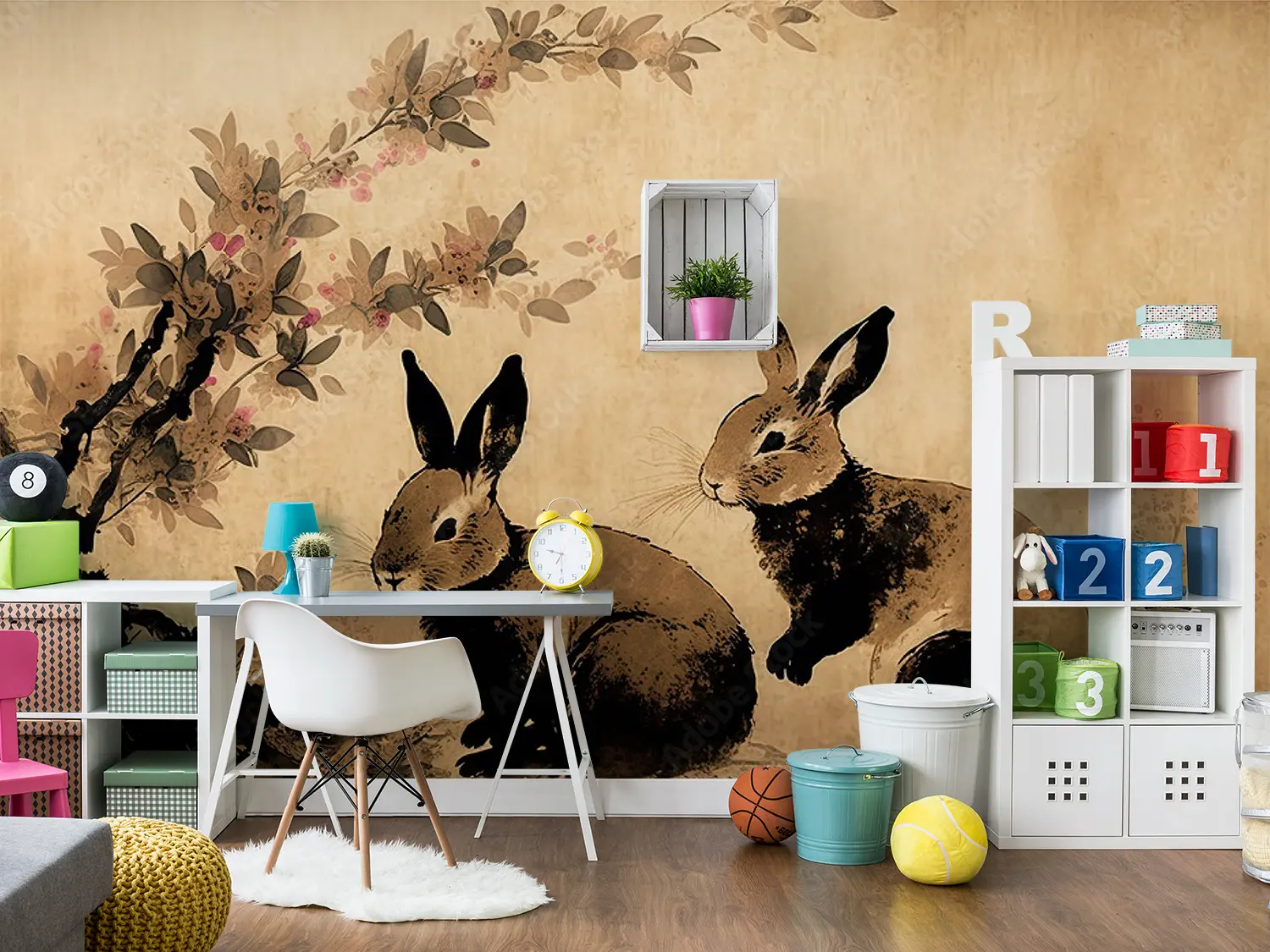 A Tail of Two Bunnies: Brown and Black Inked Rabbit Wall Painting - Roomeo