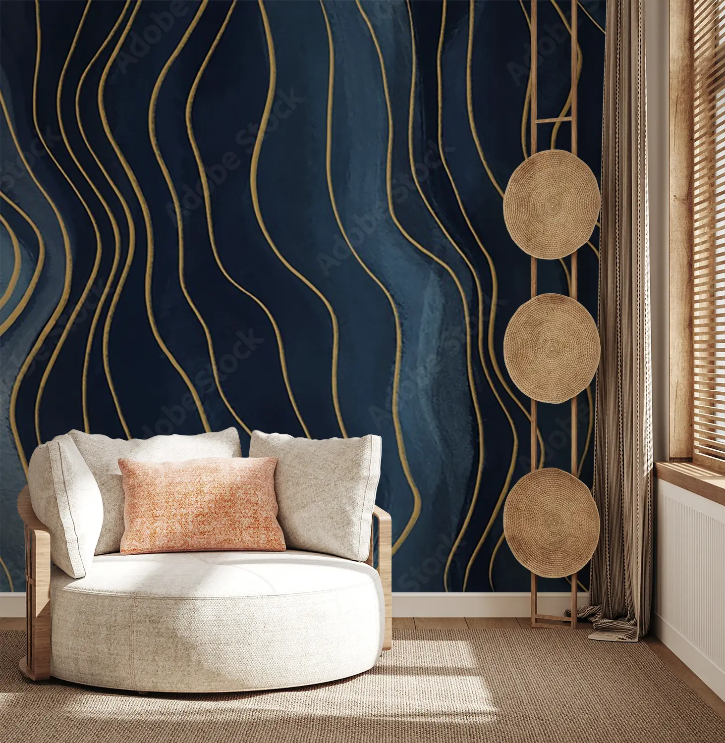 Elegant Blue and Gold Wave Pattern - Roomeo